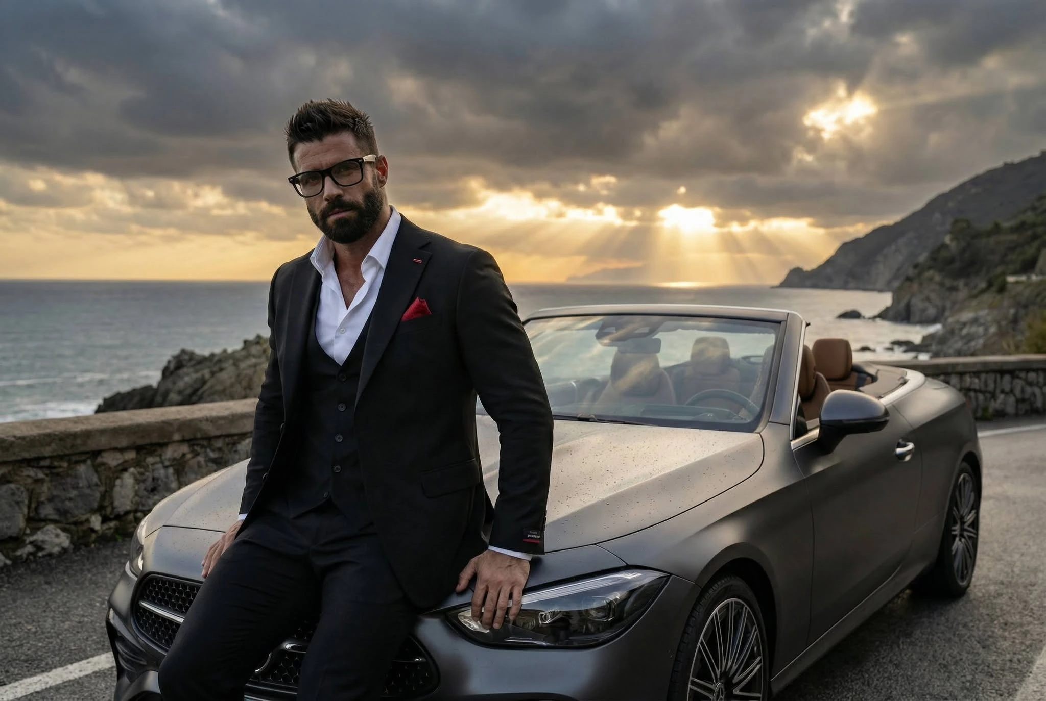 Men’s Choice juodo kostiumo derinys prie automobilio