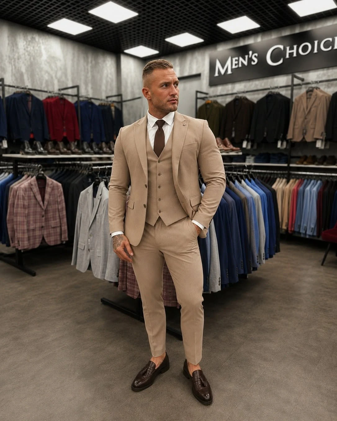 Men’s Choice smėlio spalvos kostiumo derinys