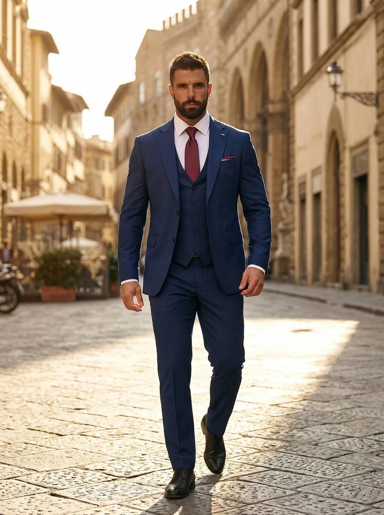 Men’s Choice mėlynas trijų dalių kostiumas miesto fotosesijoje