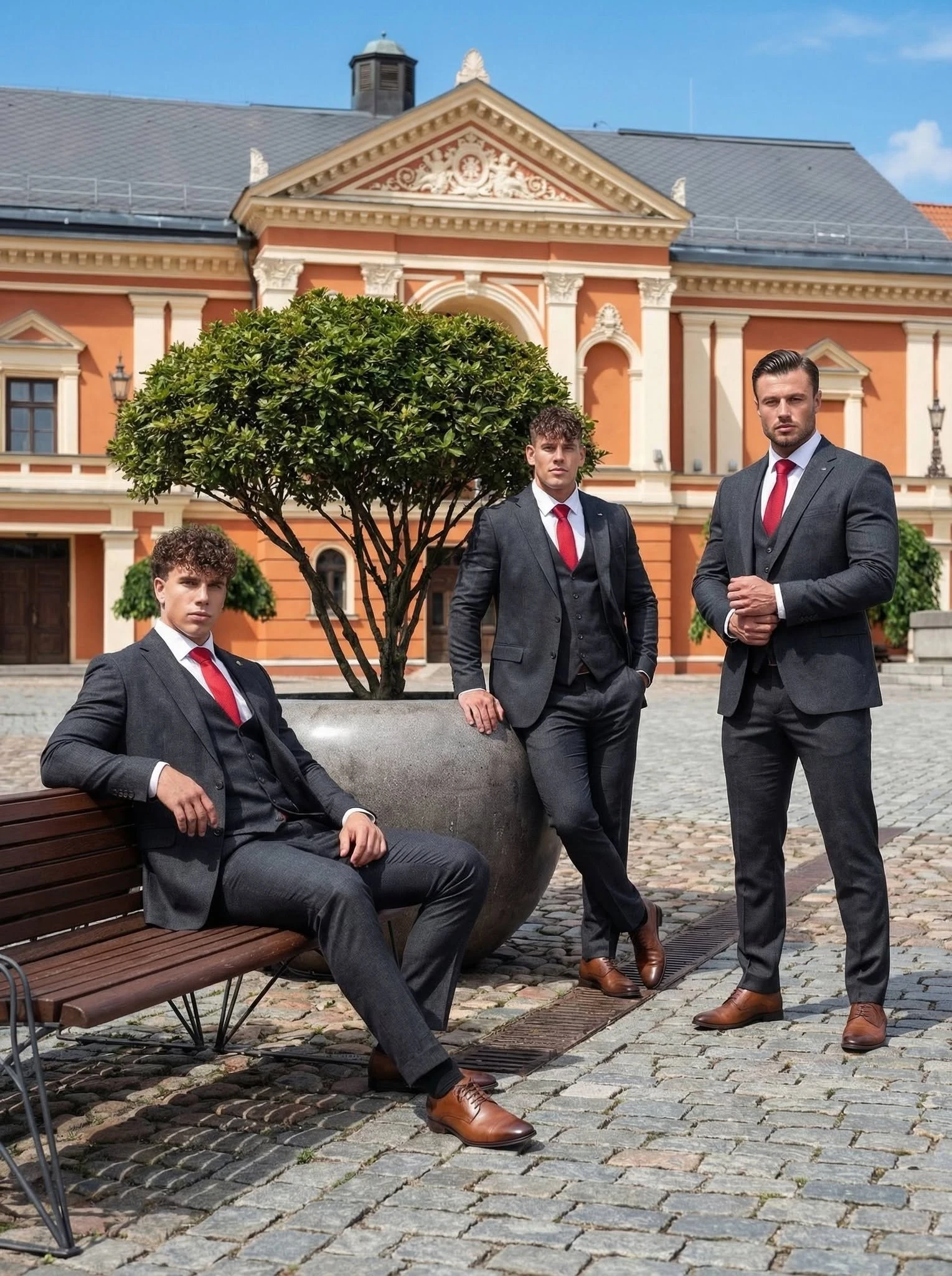 Trys vyrai su Men’s Choice tamsiais kostiumais miesto aikštėje